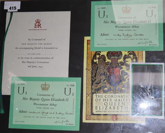 A framed set of invitation tickets to the 1953 Coronation